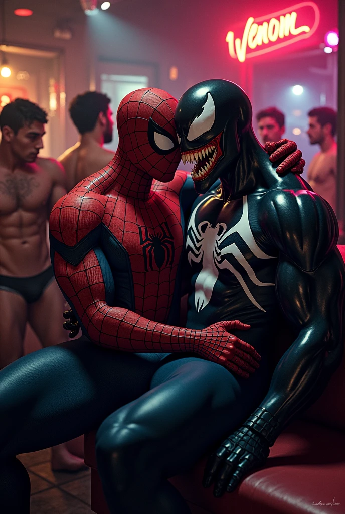 Muscular Spider-Man and Venom drinking beer in a gay men&#39;s bar where everyone wears only underwear. Venom with his mouth shut, Spider-Man on Venom&#39;s lap hugging him