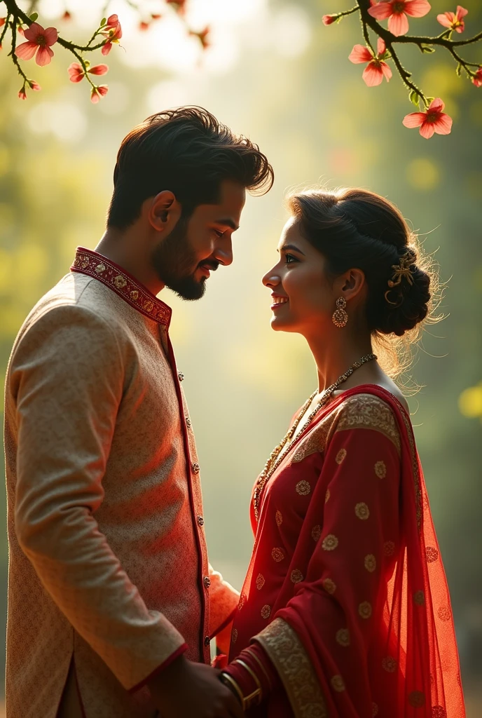 Give me a photo where a lover couple holdings their hand in Bengali culture.. the girl wear sari and the boy wearing Punjabi.. in the background there will be a Bengali poem written 