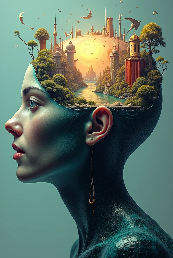 

### 4. **Mindscape Metamorphosis**
**Prompt:**
"Visualize a human head with a highly detailed interior transforming into an elaborate, fantastical world. Show thoughts and emotions as physical landscapes with intricate, surreal details like floating islands, ethereal creatures, and abstract structures. The outer head should have realistic textures, while the internal world should blend vivid colors and imaginative forms with realistic depth and clarity."

**Settings:**
- **Style:** Surrealism with high realism
- **Focus:** Detailed metamorphosis and surreal landscapes
- **Lighting:** Contrasting lighting with realistic external and internal illumination
- **Details:** High detail on both realistic and surreal elements
