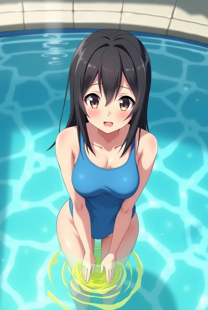 Anime girl, girl in the pool, girl in a blue swimsuit, pissing, pissing herself, pissing bright yellow urine, bright yellow urine gets into the pool, bright yellow urine dissolves in the pool