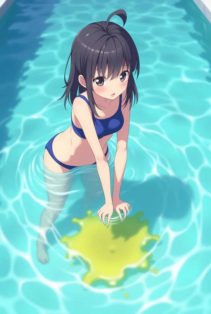 Anime girl, girl in the pool, girl in a blue swimsuit, pissing, pissing herself, pissing bright yellow urine, bright yellow urine gets into the pool, bright yellow urine dissolves in the pool