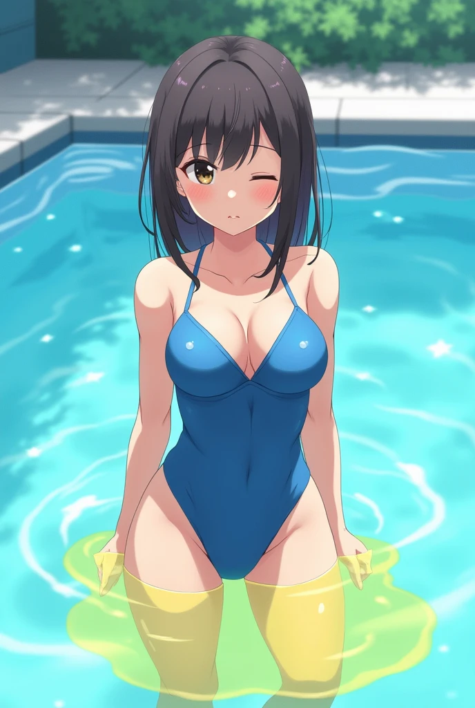 Anime girl, girl in the pool, girl in a blue swimsuit, pissing, pissing herself, pissing bright yellow urine, bright yellow urine gets into the pool, bright yellow urine dissolves in the pool