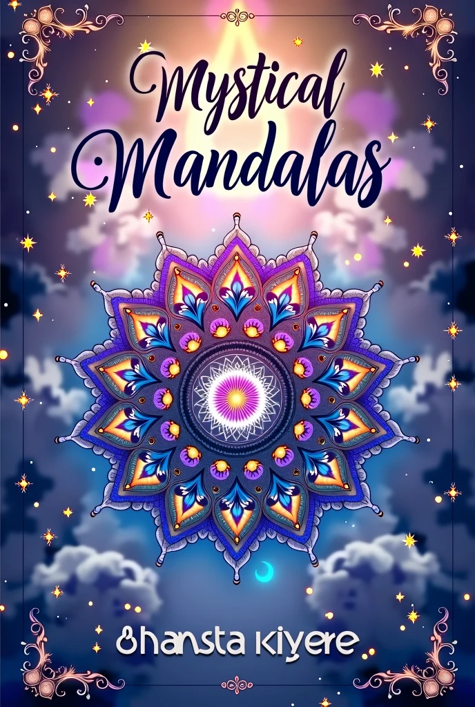 "Create a cover for a coloring book titled 'Mistycal Mandalas Coloring Book'. The cover should feature a complex and detailed mandala in the center, with a mystical color palette that includes shades of purple, blue and gold. The title should be at the top in a stylish font., and the background should have a soft pattern of ethereal elements, like stars or mist. Add small glittering details around the mandala for a magical touch. Include a line at the bottom of the cover for the author's name."