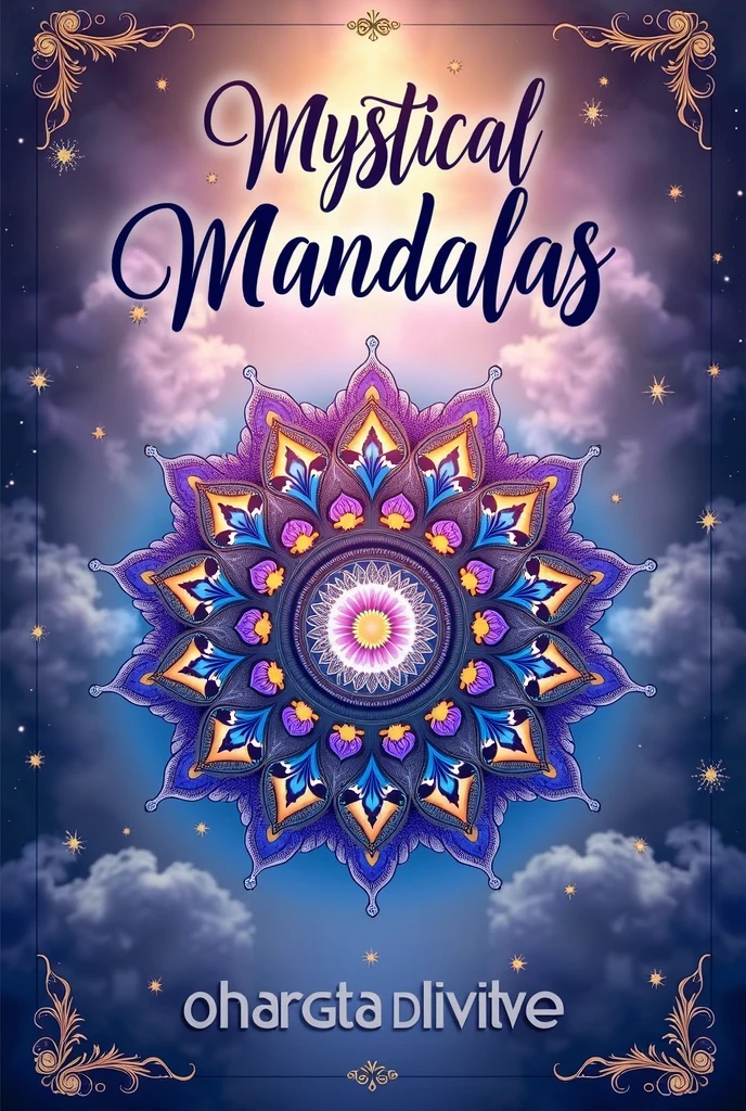 "Create a cover for a coloring book titled &#39;Mistycal Mandalas Coloring Book&#39;. The cover should feature a complex and detailed mandala in the center, with a mystical color palette that includes shades of purple, blue and gold. The title should be at the top in a stylish font., and the background should have a soft pattern of ethereal elements, like stars or mist. Add small glittering details around the mandala for a magical touch. Include a line at the bottom of the cover for the author&#39;s name."