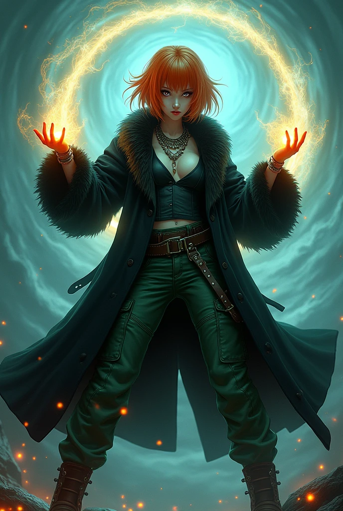 Female age 25, white skin, white glowing eyes, eyes full of mascara, sexy eyes, eyes without pupils and without irises, white eyes, short orange visual kei hair, black magic portals on hans, bright black furry trench matrix gabardine open, green cargo pants, cyberpunk japanese style, chains around the belt, athletic, magic powers, action, leather brown boots with metal pins, black nails, wushuu pose, hurricanes background