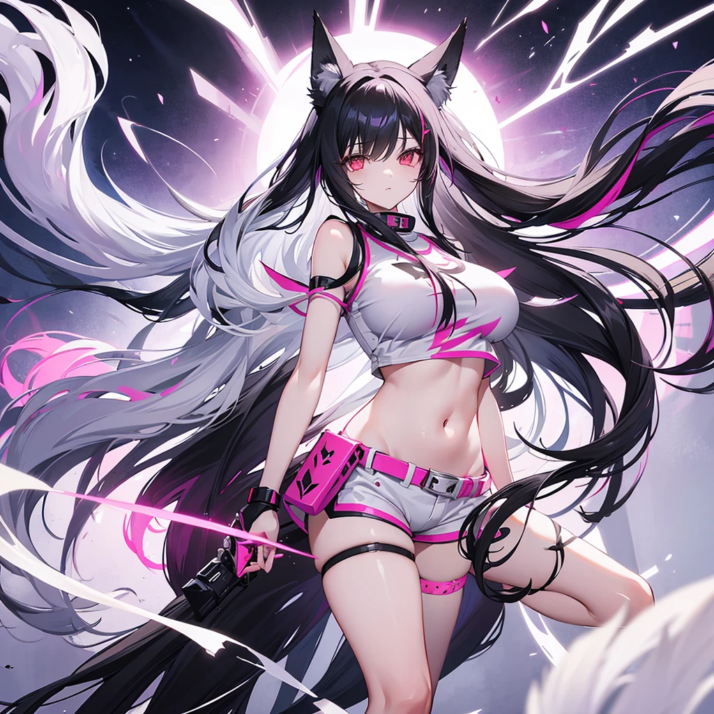 Very long hair, white-black hair with a pinkish tint, Fox ears, 4 girls, long fox tail, big breasts, pink glowing eyes, White short t-shirt, black very short shorts, берцы, pistol on the belt, Purple Mask, open belly, open legs,