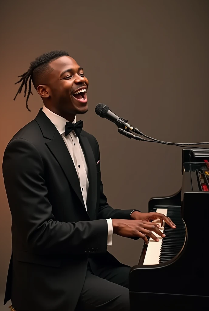 Jeune et beau noir, de 22 ans . artiste musicien , une coiffure tapers dégradé, le micro de face et qui joue au piano avec joie et chantant avec force et passion