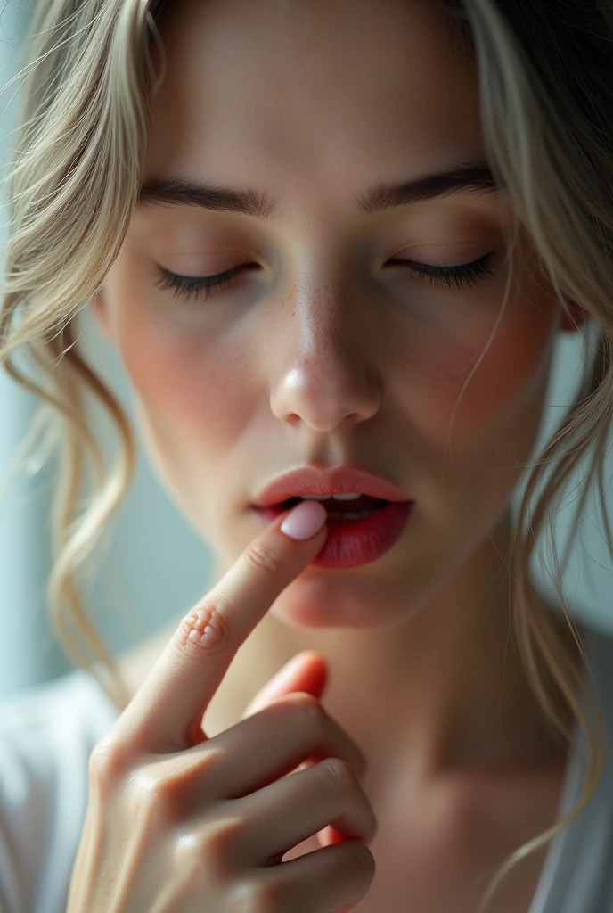 Real close up photo, very close, a beautiful Russian young woman, detailed face, detailed, skin texture, looking up with pleading eyes, sucking own finger, close eyes, sexy red moist lips, slightly open lips, natural makeup, messy ash-grey hair, backlight bright white studio lighting, soft front right and left studio lighting, bright photo, ultra sharp focus, highly detailed, intricate detailed