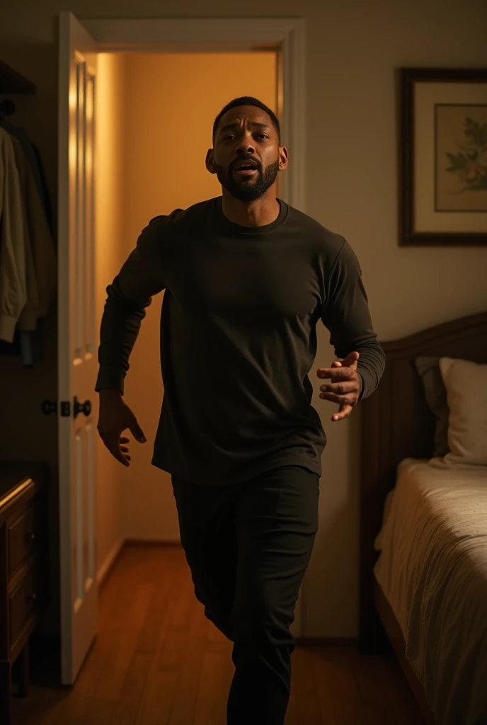 will smith, in a room, american shot, a door in the background, cinematic light, running, (room whit a bed on the right and closet on left:1.5), since his crying, warm light coming from above, not yellow light