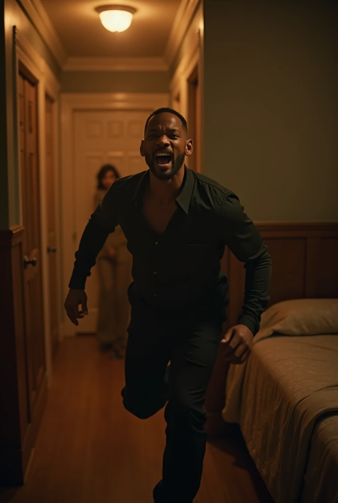 will smith, in a room, american shot, a door in the background, cinematic light, running, (room whit a bed on the right and closet on left:1.5), since his crying, warm light coming from above, not yellow light