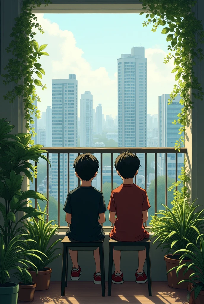 A 2 boy alone sitting on chair on a balcony in a 10th floor building. In the balcony, there are some plant named wondering jui, money plant, spider plant..
The boy wearing a black t Shirt . From balcony there is a hospital named "IBN SINA" seen. Lot of building around the building