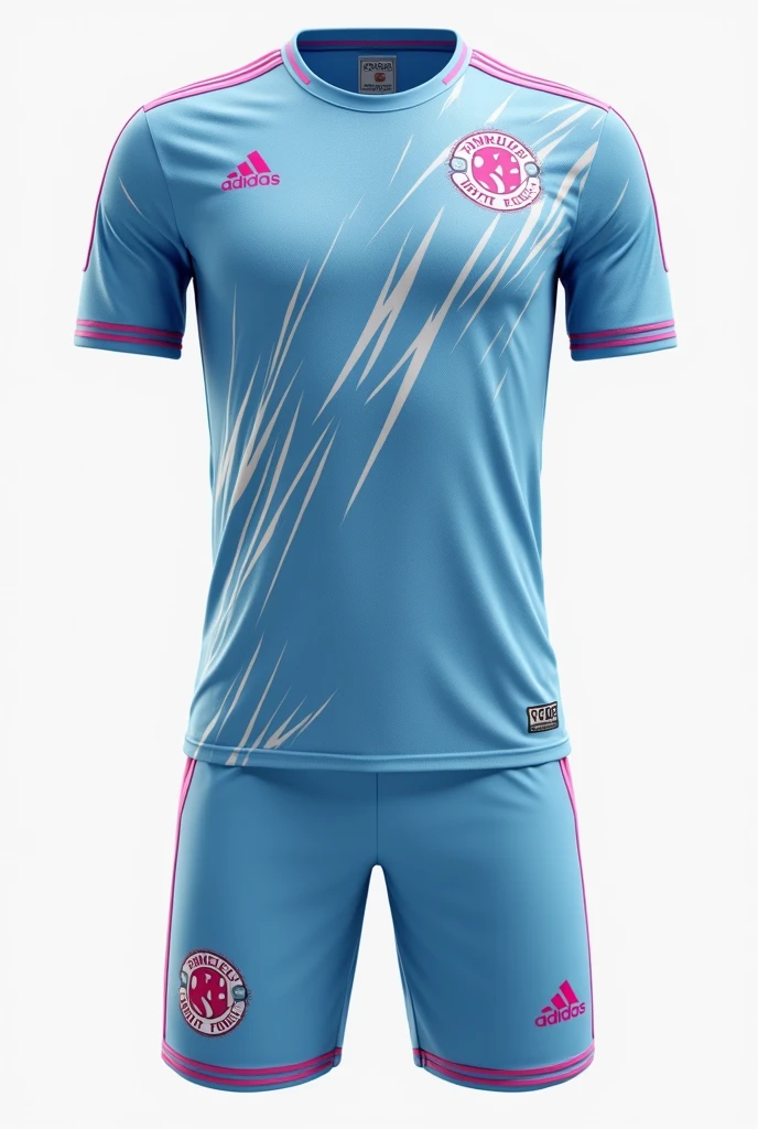 A men&#39;s soccer uniform that is light blue with white lines on the shirt and shorts and some very small details and decorations in pink or fuchsia on the shirt and shorts., that the white and pink details are quite visible, that there is enough white, but the blue stands out more 