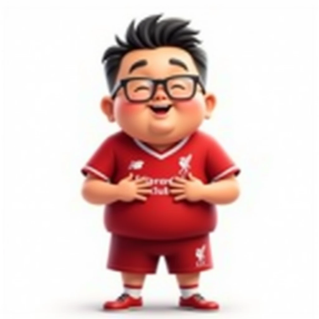 A slightly chubby Thai man, about 4, with short hair, smiling in a cartoon style, bowing in a Thai way, wearing a Liverpool shirt, wearing glasses, standing in a cartoon style. High quality dynamic photo, detailed and colorful, realistic and colorful pose, white background.