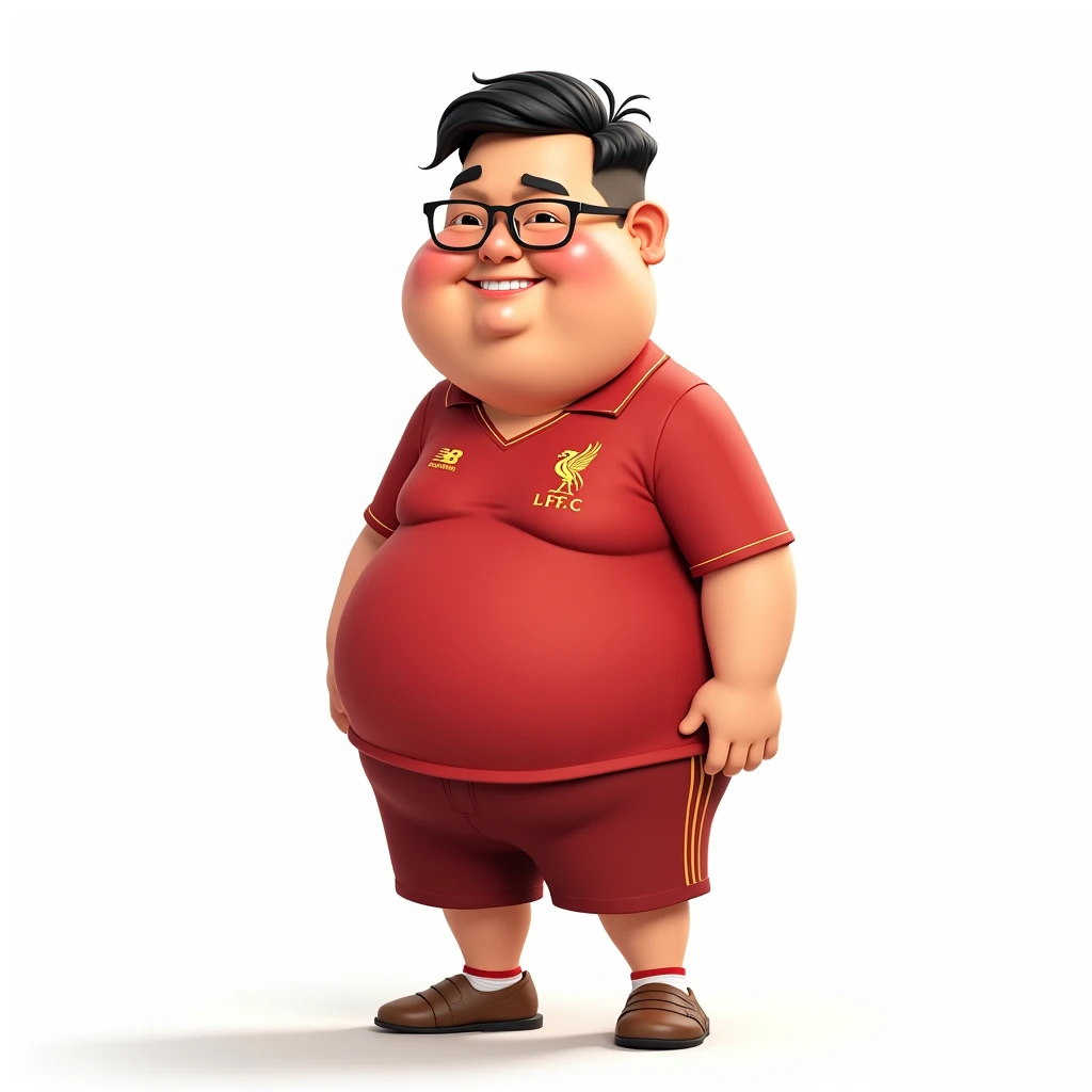 A slightly chubby Thai man, about 4, with short hair, smiling in a cartoon style, bowing in a Thai way, wearing a Liverpool shirt, wearing glasses, standing in a cartoon style. High quality dynamic photo, detailed and colorful, realistic and colorful pose, white background.