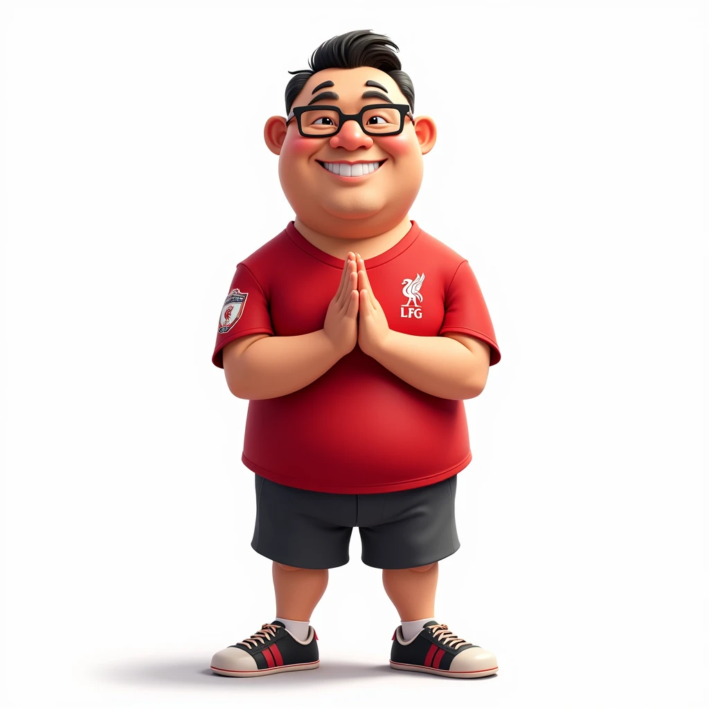 A slightly chubby Thai man, about 4, with short hair, smiling in a cartoon style, bowing in a Thai way, wearing a Liverpool shirt, wearing glasses, standing in a cartoon style. High quality dynamic photo, detailed and colorful, realistic and colorful pose, white background.