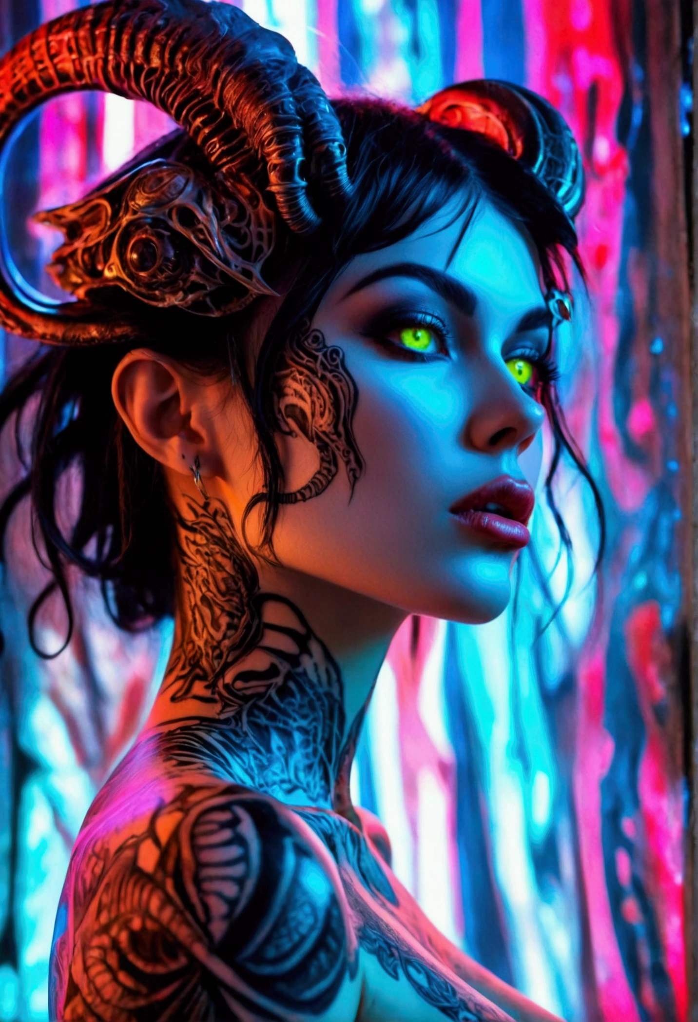 Stunningly gorgeous beautiful perfect hr giger tattooed sexy seductive demonic girl, perfect face, hyper detailed neon sapphire eyes, large breasts, full body view, nude