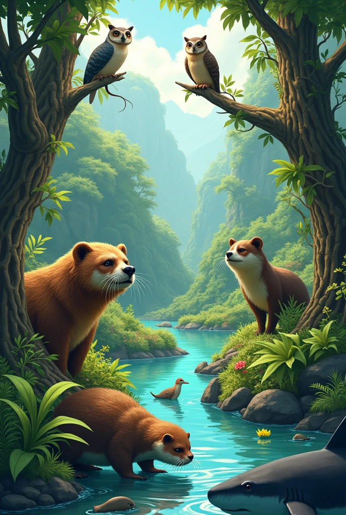 Landscape where there is an otter, a guinea pig, a shark,  sloth bear and an owl 
