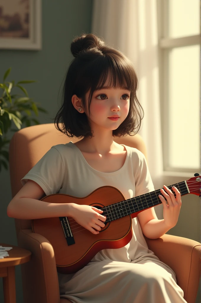A girl sitting on a chair with ukulele kept on a table infront of her and she looking at right side