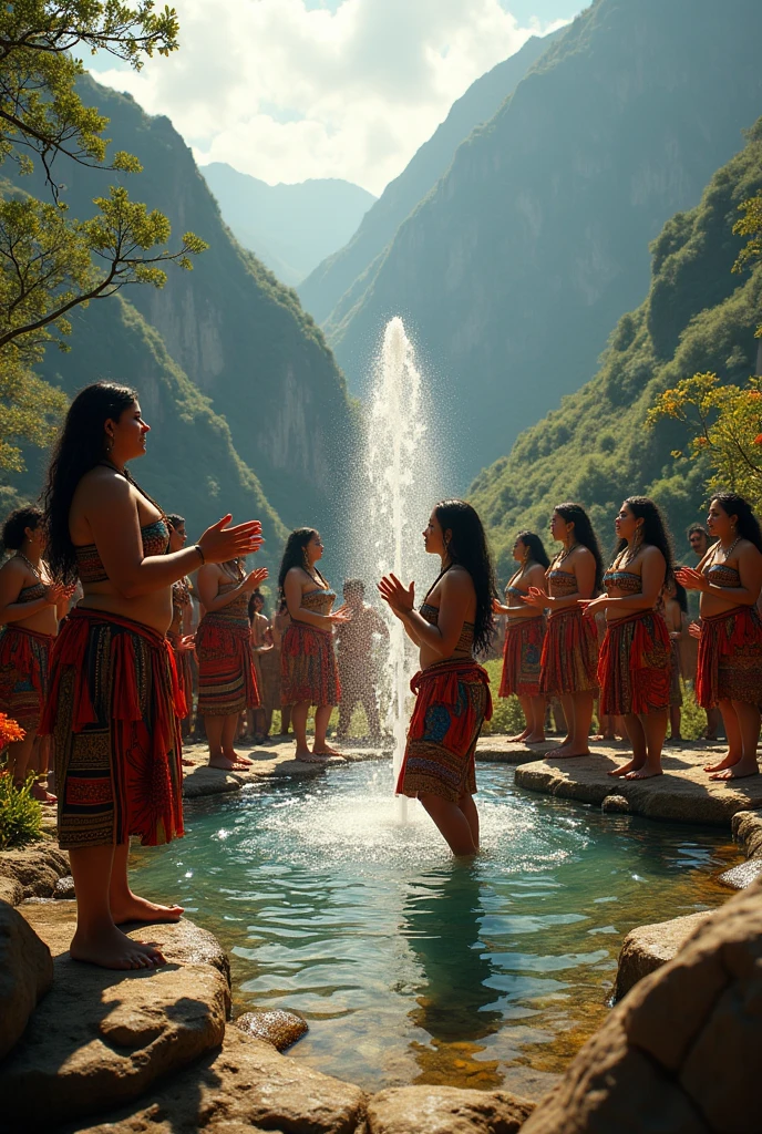 Make a realistic image where women and men from small communities in Peru are worshipping water.