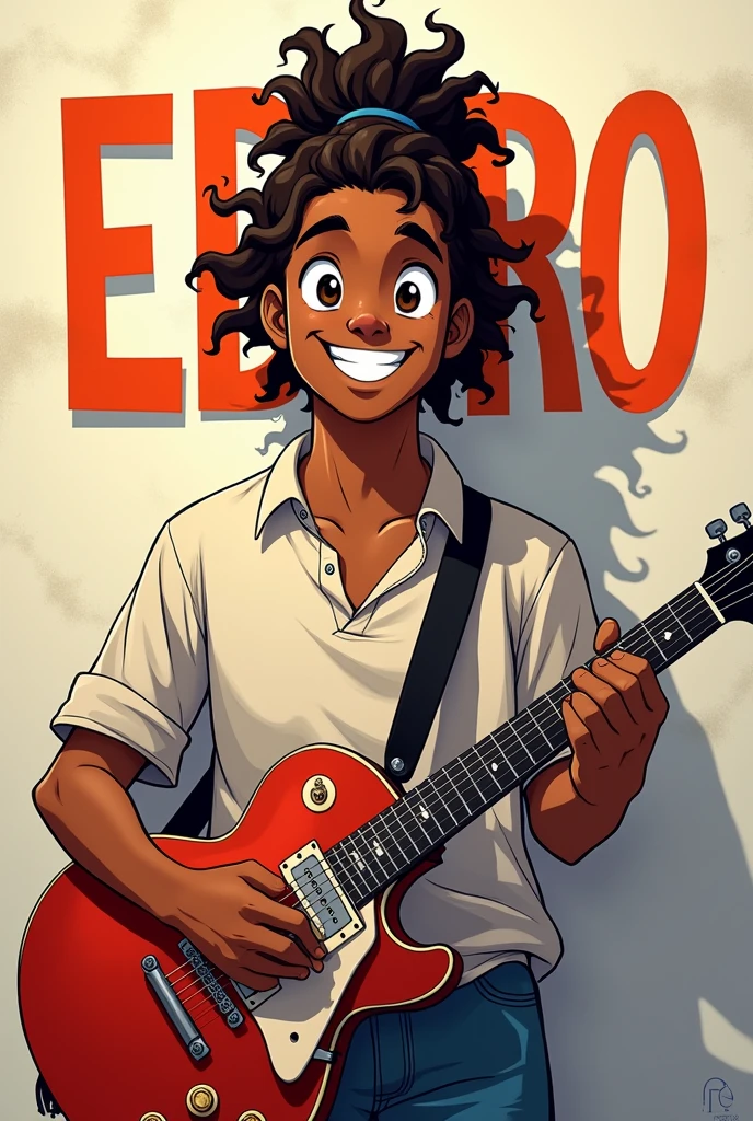 Anime style drawing of a dark-skinned, slightly chubby young man with long curly hair tied above his head with a guitar in his hand and on a wall behind him the letters EDPRO