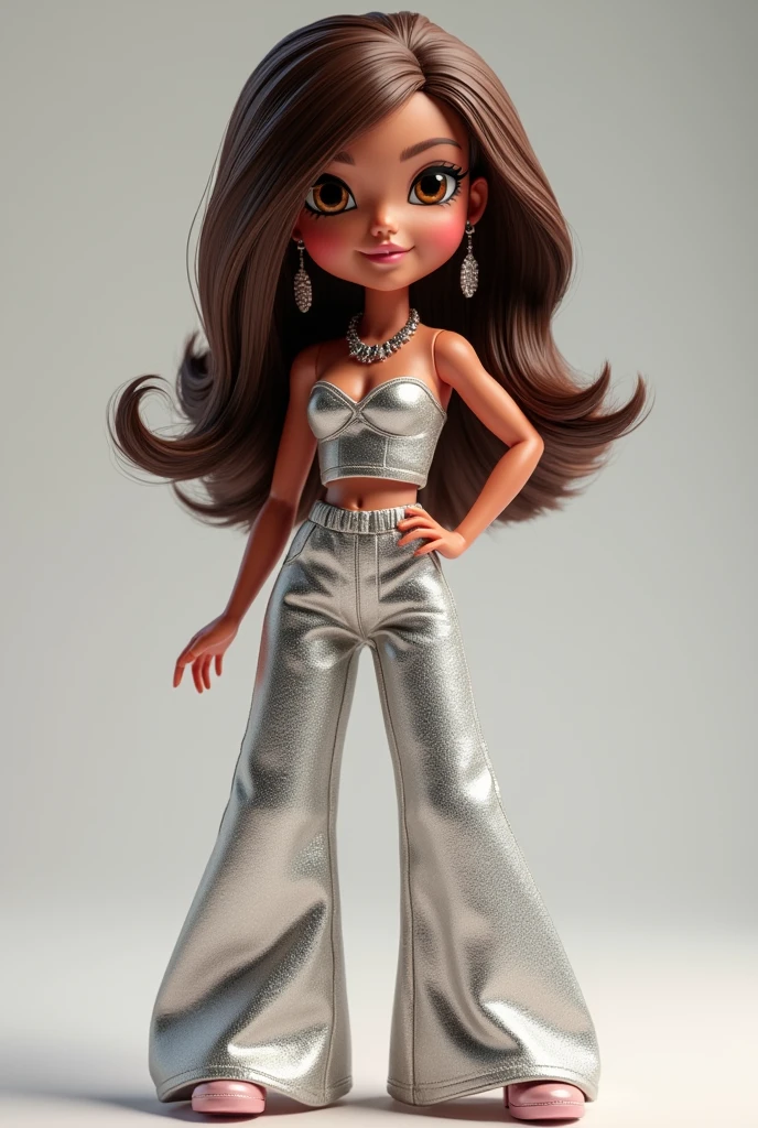 Create a white skin bratz doll, medium sized brown hair, Brown eyes dressed in a silver top and wide pants that look like they&#39;re from the 200s and match her clothes and makeup, Give her accessories that make her dazzle, a thin but cute necklace