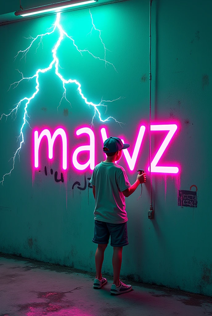 A 1 boy with a backwards Japanese cap graffitiing the word mawz on a wall in fuchsia and with thunder falling from the sky with a greenish turquoise background