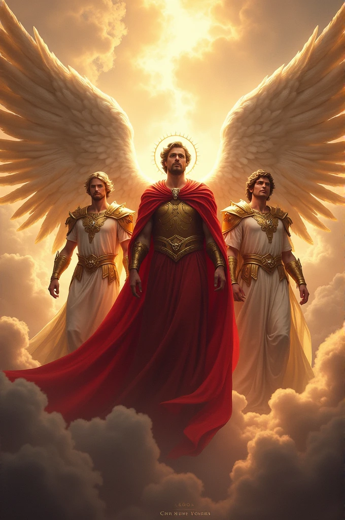 Create an image of the archangels Michael, Gabriel and Rafael together Saint Michael with red cape