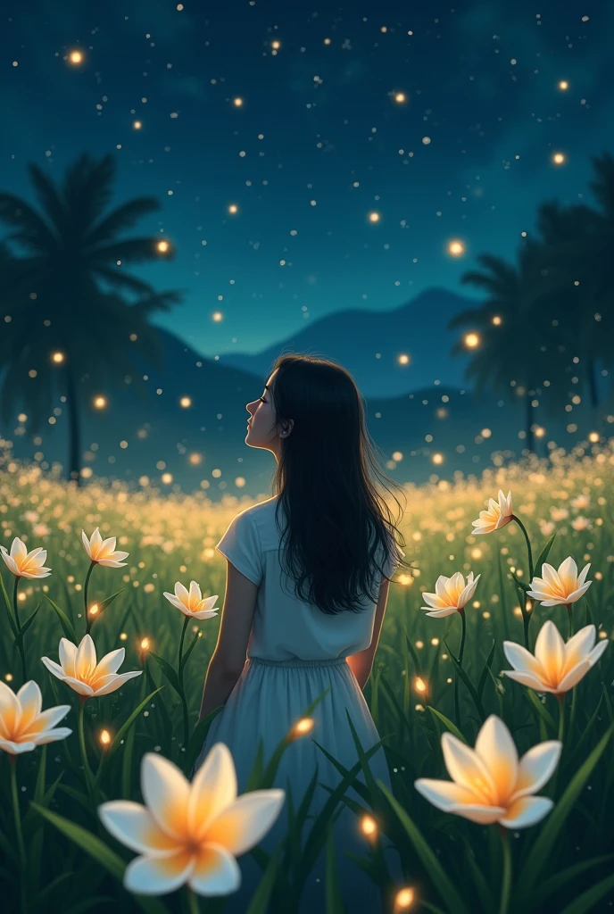 white plumeria field during the night, fireflies, and a woman