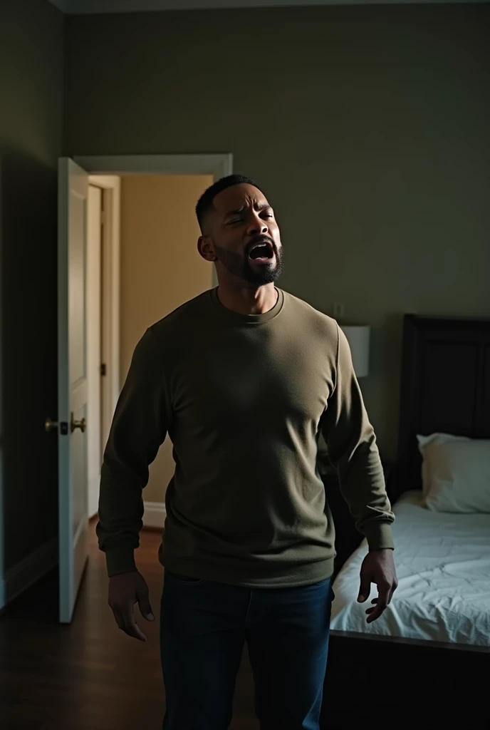 will smith, in a room, american shot, a door in the background, cinematic light, running, (room whit a bed on the right and closet on left:1.5), since his crying, natural light