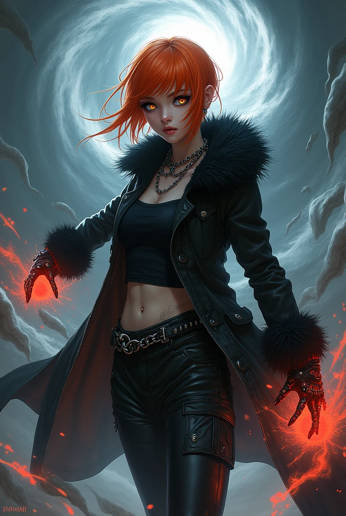 Female age 25, white skin, white glowing eyes, eyes full of mascara, sexy eyes, eyes without pupils and without irises, white eyes, short orange visual kei hair, black magic portals on hans, bright black furry trench matrix gabardine open, green cargo pants, cyberpunk japanese style, chains around the belt, athletic, magic powers, action, leather brown boots with metal pins, black nails, attack flying pose, hurricanes background