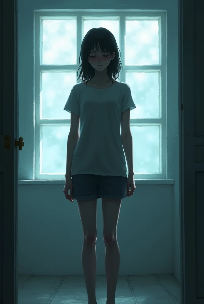 She is standing in a softly lit room, Next to a large window, with a deeply hurt and betrayed expression on his face. Your eyes are squeezing with tears , and her room is bright and she is breaking down crying