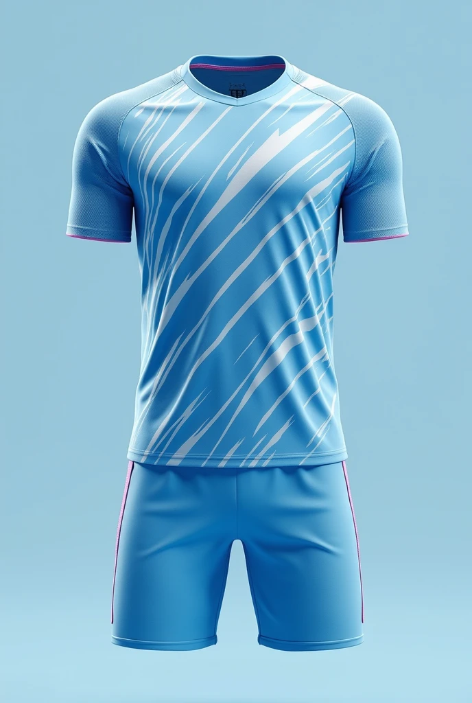 A men's soccer uniform that is light blue with white lines on the shirt and shorts and some very small details and decorations in pink or fuchsia on the shirt and shorts., that the white and pink details are quite visible, that there is enough white, but the blue stands out more, whiter.
