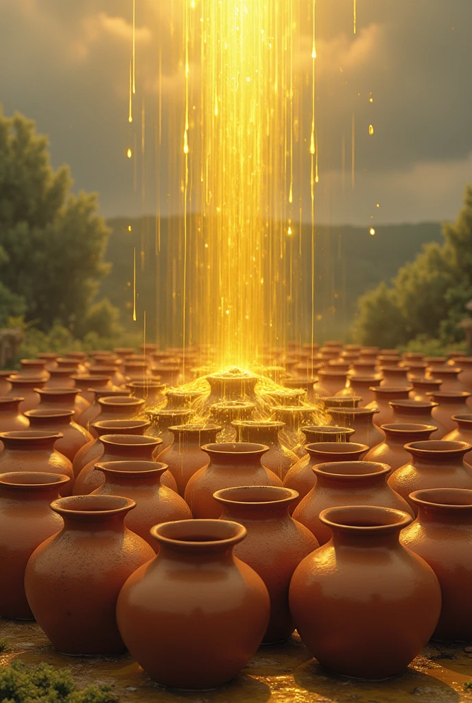 Realistic image of many clay jars representing areas of a person's life, being filled with fresh olive oil that overflows from the sky