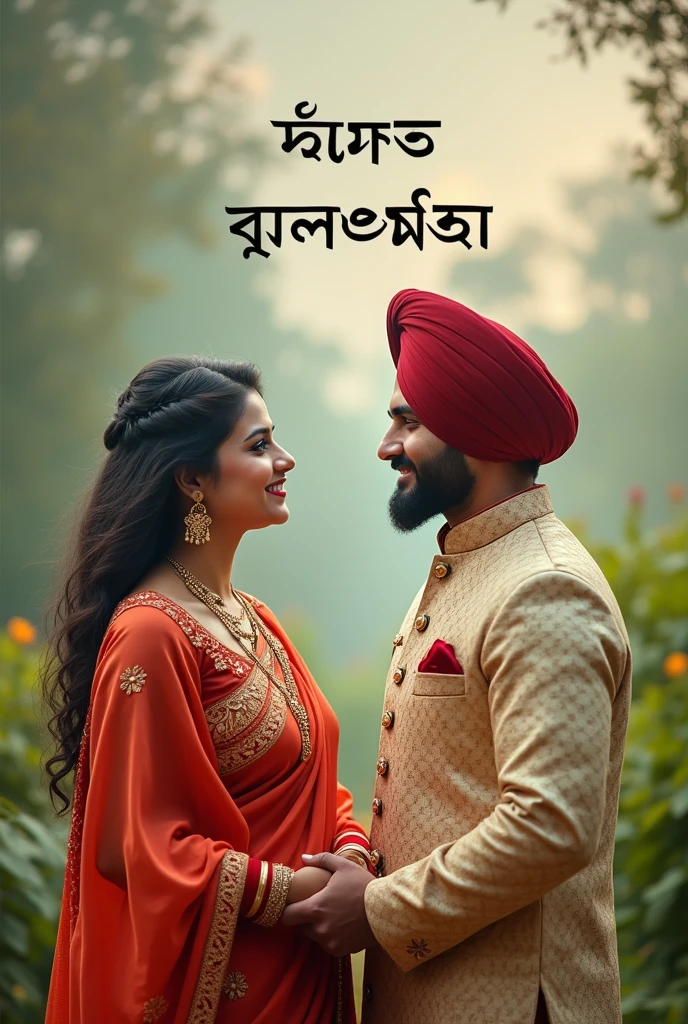 Give me a photo where a lover couple holdings their hand in Bengali culture.. the girl wear sari and the boy wearing Punjabi.. in the background there will be a Bengali poem written