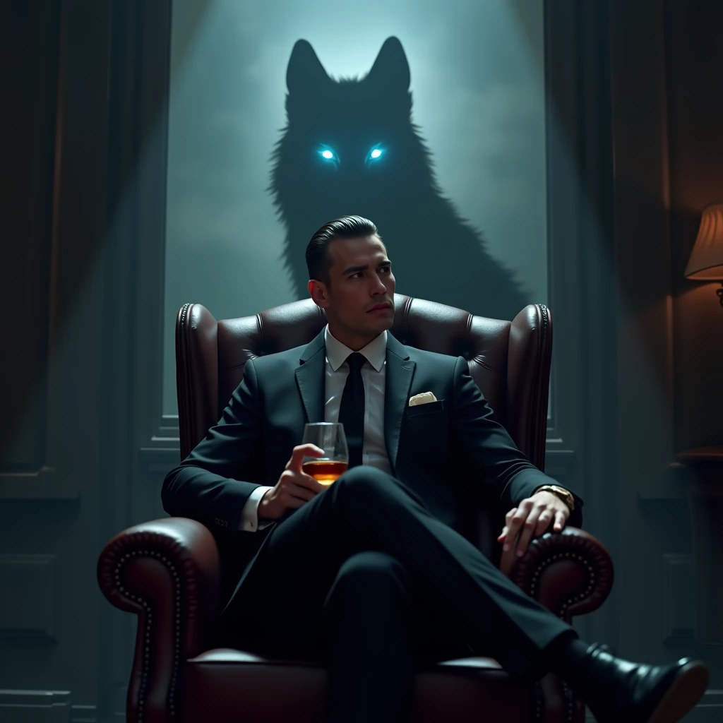 Create a realistic image where a 2 man wearing black luxury suit and sitting on king size chair, he's holding a whiskey glass in his hand, there is smoke in background a shadow of wolf and Wolf's eyes is glowing in blue colour. In background the name "🔱J🔱" is showing in bold and neon effects just above the head of the character as per his name.

INFO