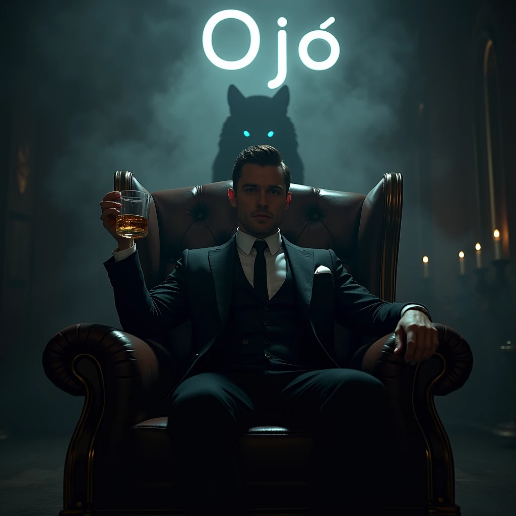 Create a realistic image where a 2 man wearing black luxury suit and sitting on king size chair, he's holding a whiskey glass in his hand, there is smoke in background a shadow of wolf and Wolf's eyes is glowing in blue colour. In background the name "🔱J🔱" is showing in bold and neon effects just above the head of the character as per his name.

INFO