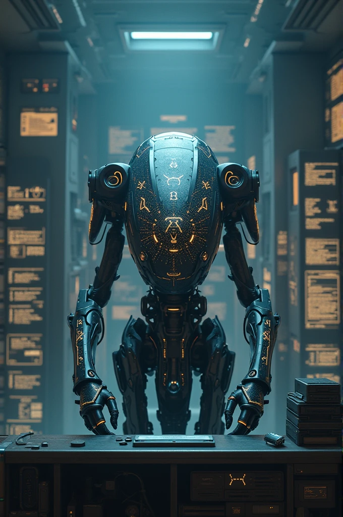Futuristic drone, mix of technology and magic, in a room with several computers