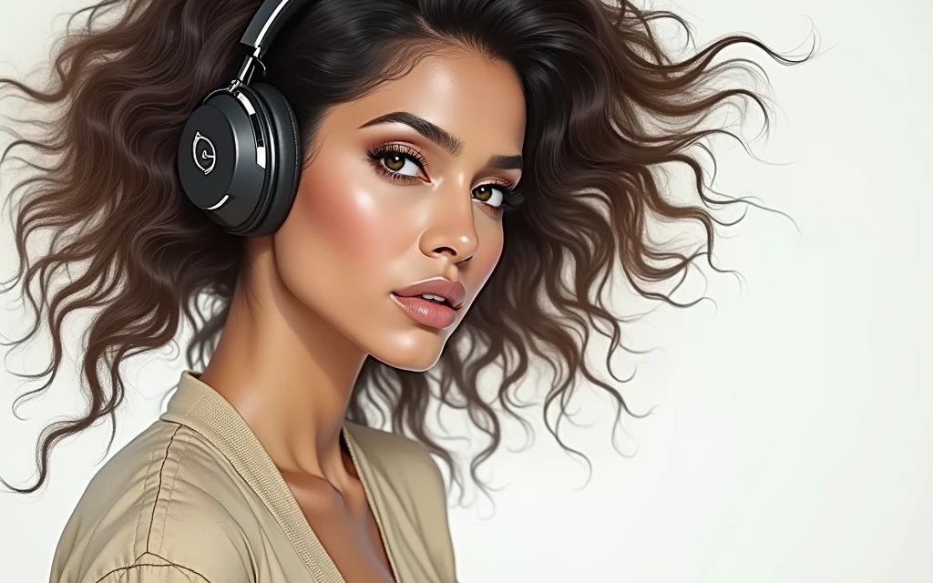 Bipasha Basu look a like, wearing a headphone, in front of a DJ console, location in the dessert with sunset