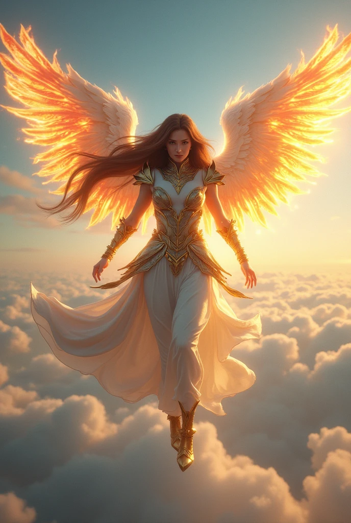 female angel warrior with flaming wings flying high in the sky, wearing armor, long brown hair, white wings