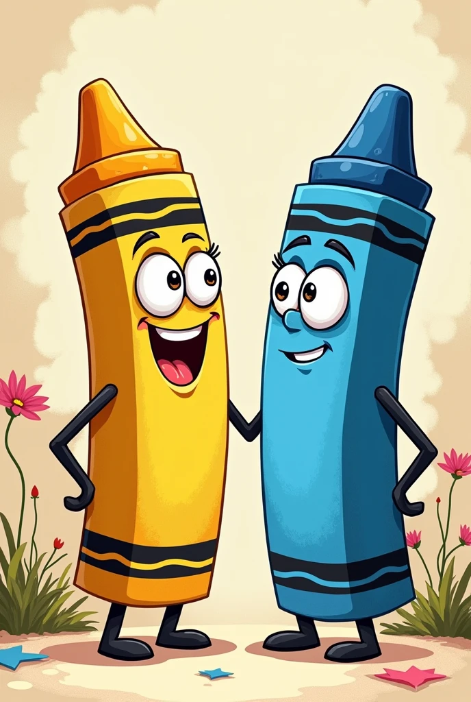Crée deux personnages animés en forme de crayons. Le premier crayon est de couleur jaune avec une expression joyeuse, des yeux grands et expressifs, et un sourire amical. Le deuxième crayon est de couleur bleue, avec une expression curieuse, des yeux vivants, et une petite moue. Les deux crayons doivent avoir des bras et des jambes en forme de dessins animés, et être dans une pose dynamique, comme s'ils étaient en train de discuter ou de jouer ensemble. Le fond est simple et coloré, avec des éléments de dessin tels que des esquisses ou des papiers pour renforcer le thème de l'animation. Les personnages doivent avoir un style cartoon, avec des traits doux et des couleurs vives.