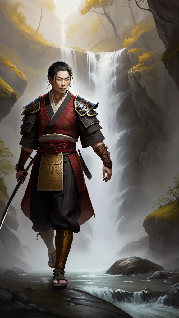 samurai warrior, man, without armor, oriental, only from the waist up, holding a katana, in a waterfall where the water falls, rpg traits, d&d style, fantasy, magic, d&d style, digital paint, rpg traits