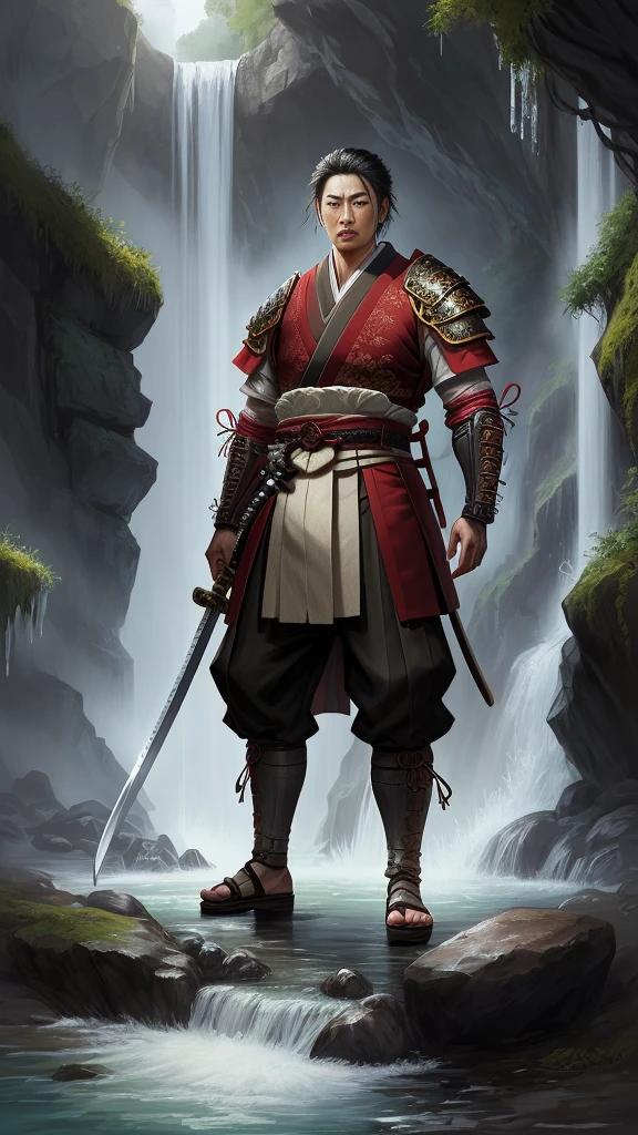 samurai warrior, man, without armor, oriental, only from the waist up, holding a katana, in a waterfall where the water falls, rpg traits, d&d style, fantasy, magic, d&d style, digital paint, rpg traits
