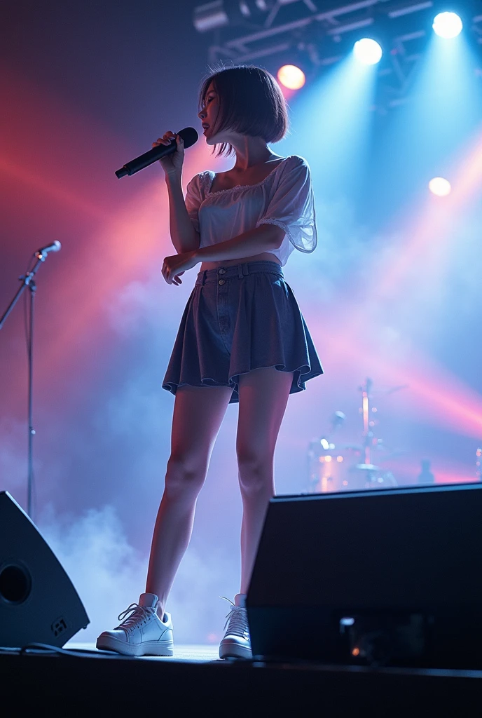 Japanese women、Large Breasts、pop music、Alice Hirose、Female vocalist with short bob hair、skirt、live house、Lots of stage smoke、Bright lighting、Holding a microphone on stage、Silver tape flutters、encore、Last song、