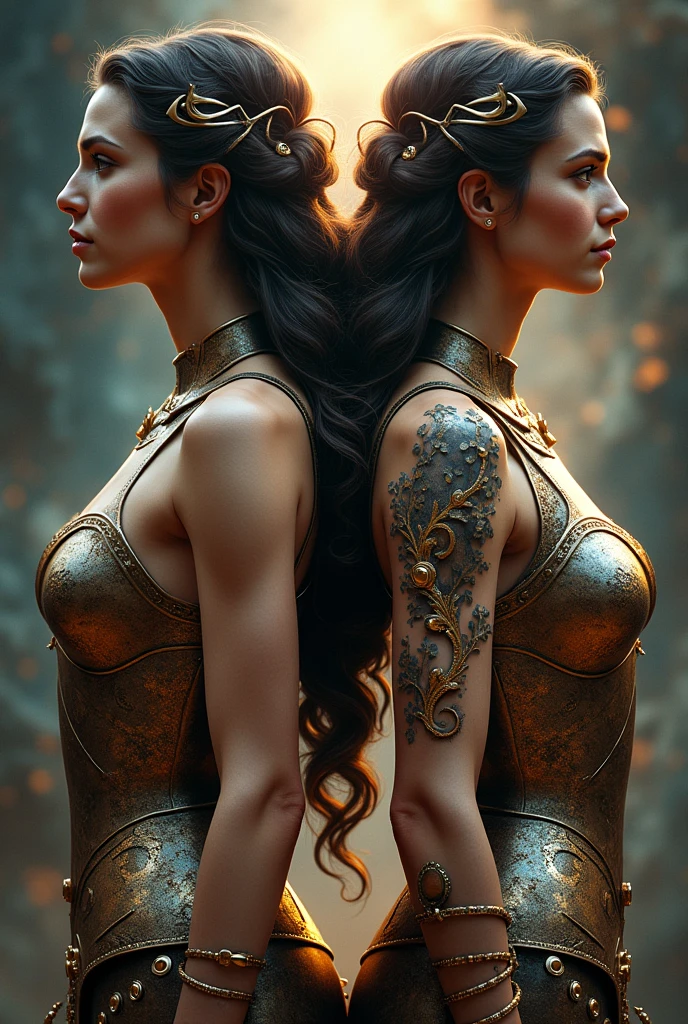 Create the armor that represents the zodiac sign of Gemini represented by two women back to back