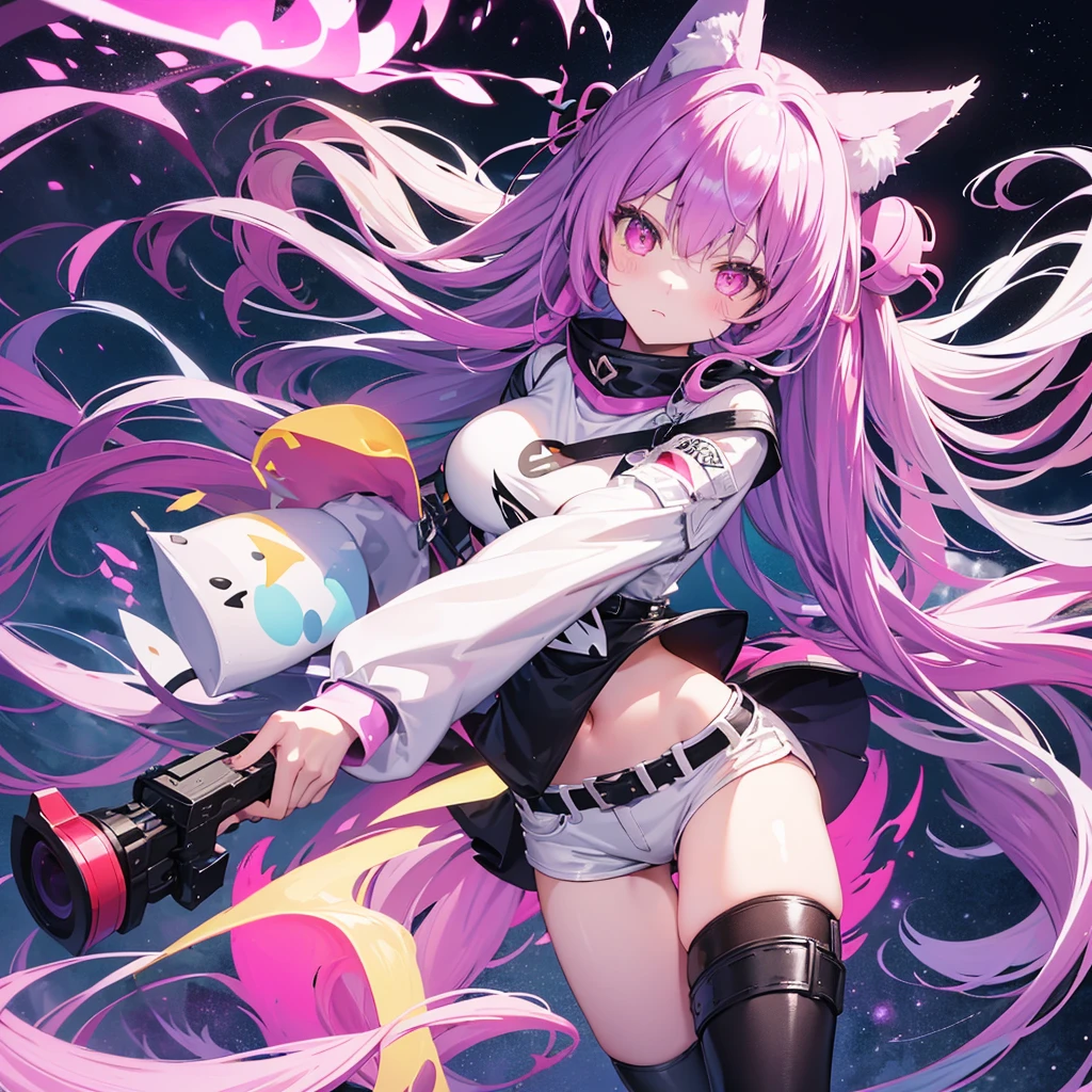 Very long hair, Fox ears, 4 girls, long fox tail, big breasts, pink glowing eyes, White short t-shirt, black very short shorts, берцы, pistol on the belt, Purple Mask, open belly, open legs, slime sleeves, slime hair white