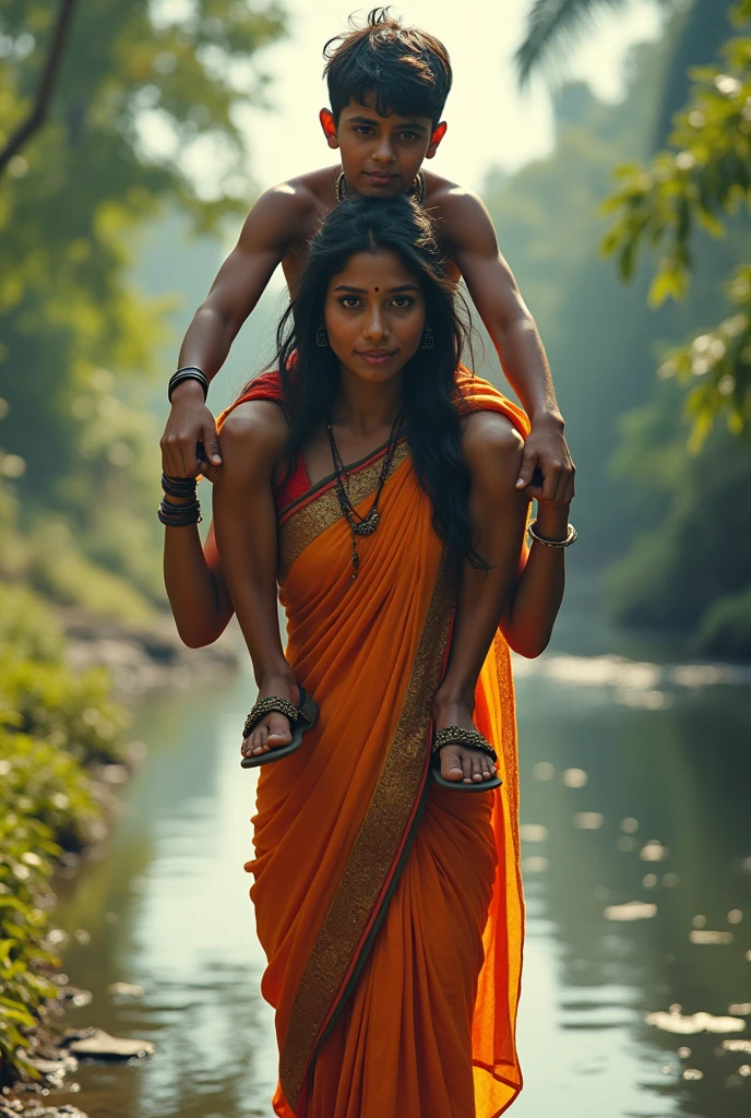 Gorgeous, Sexy indian village ragpicker young woman is carrying a large man on her head, man is sitting on her shoulders, nearby a river , natural smile 