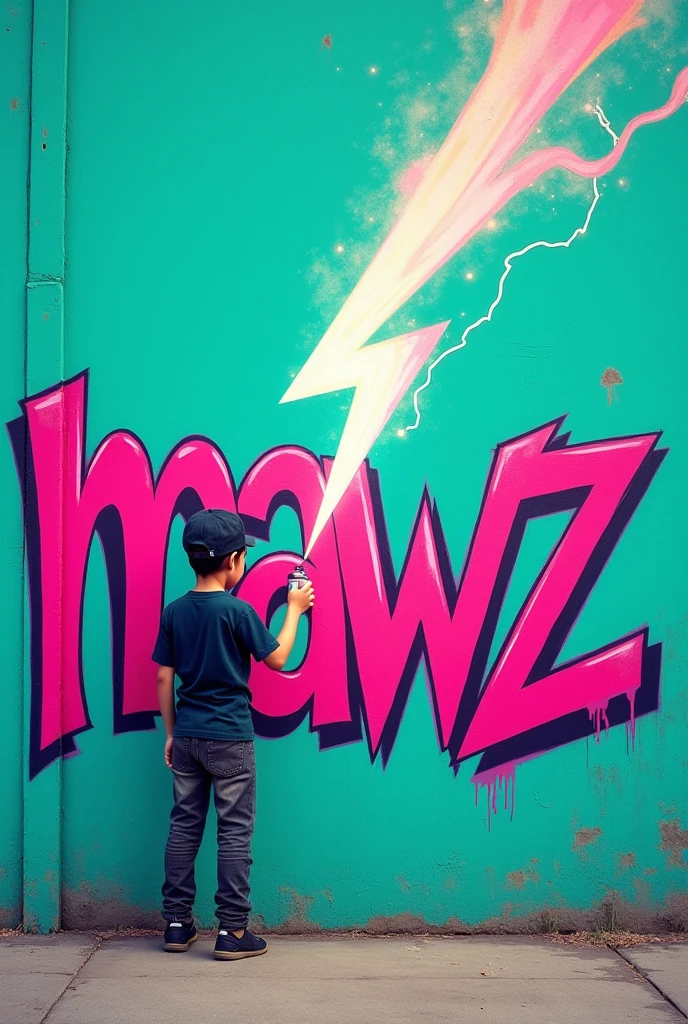 A 1 boy with a backwards Japanese cap graffitiing the word mawz on a wall in fuchsia and a thunderbolt falling from the sky with a turquoise-green background