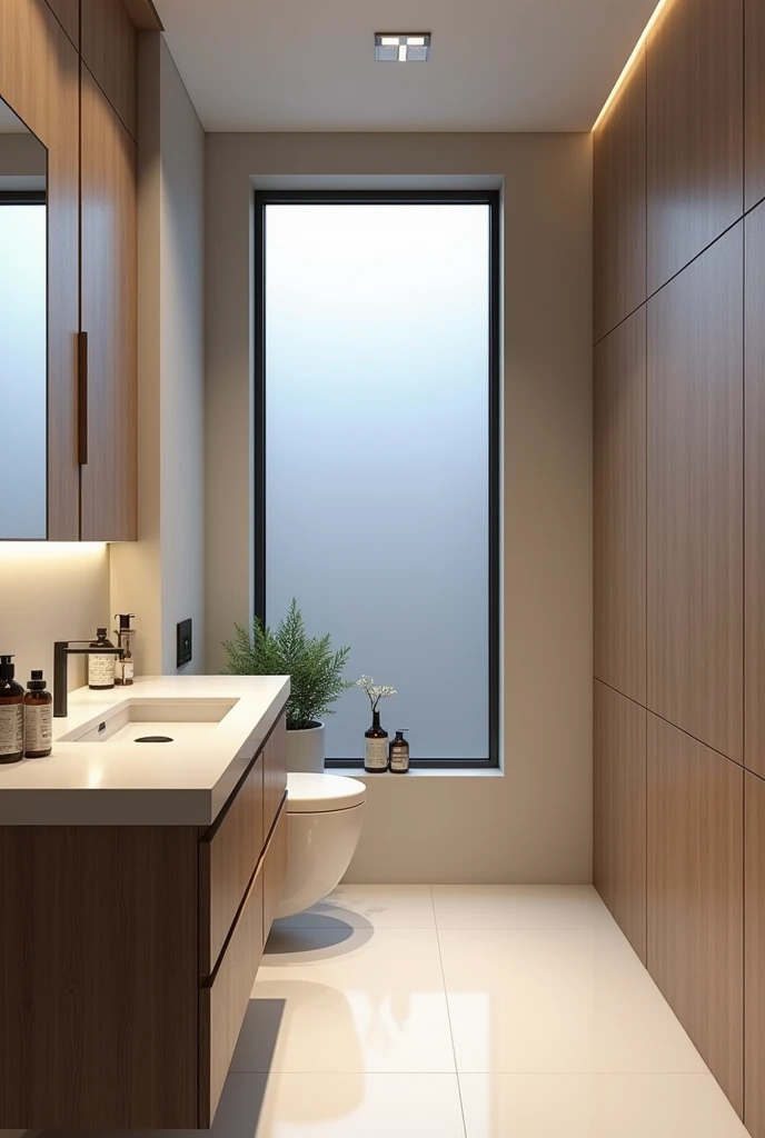 contemporary bathroom , small frosted glass window, super realistic render vray, with glass box up to the ceiling , suspended sanitary ware, stone sink countertop, wooden panel ,premium bathroom design, Cinematic Soft Vray,high quality rendering, render vray, Smooth, studio-quality rendering, vray 8k rendering, very realistic 3D rendering, render in vray, very realistic render