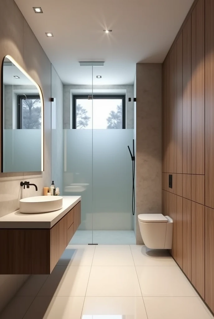contemporary bathroom , small frosted glass window, super realistic render vray, with glass box up to the ceiling , suspended sanitary ware, stone sink countertop, wooden panel ,premium bathroom design, Cinematic Soft Vray,high quality rendering, render vray, Smooth, studio-quality rendering, vray 8k rendering, very realistic 3D rendering, render in vray, very realistic render