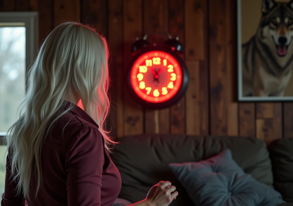 a woman with white hair activating a time bomb with red time in a house with pictures of wolves and a strong hunter man
